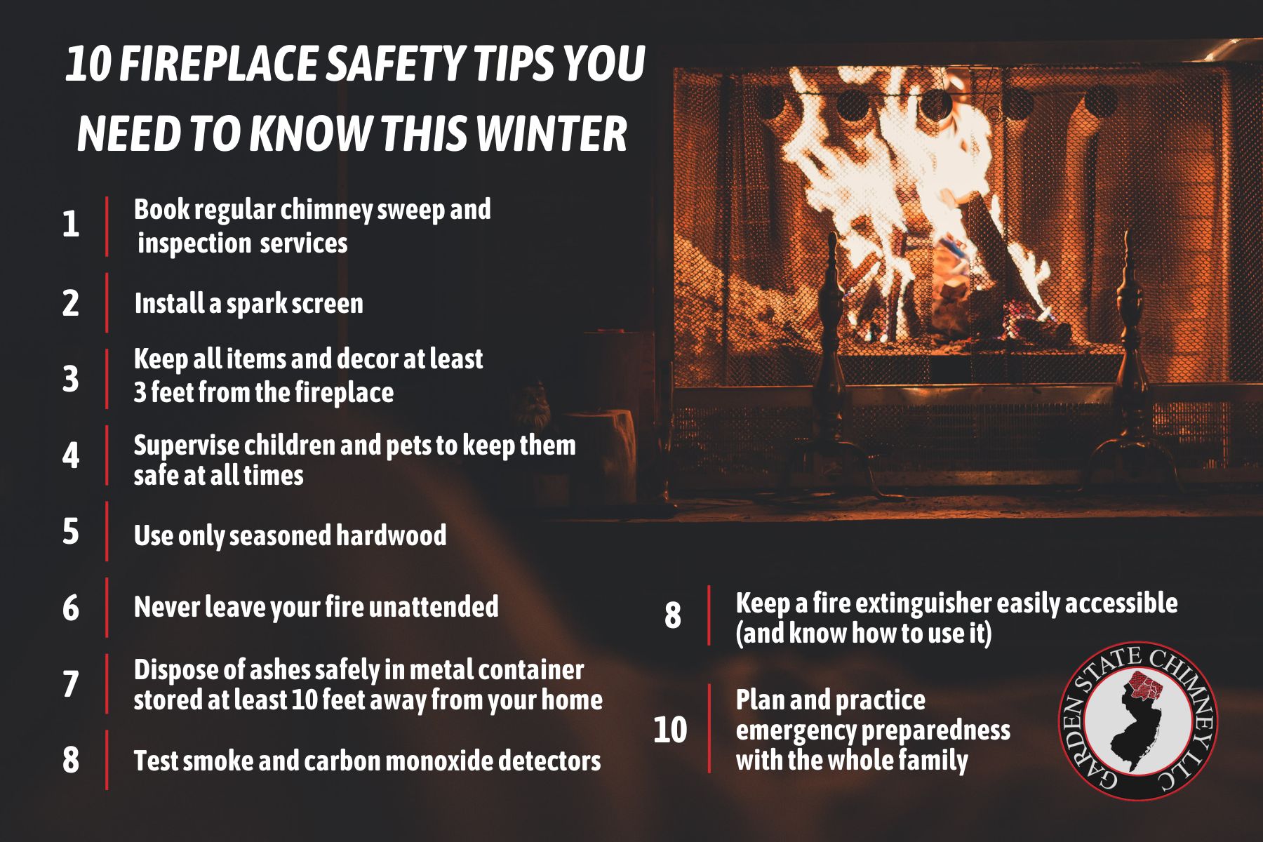 original infographic stating 10 fireplace safety tips